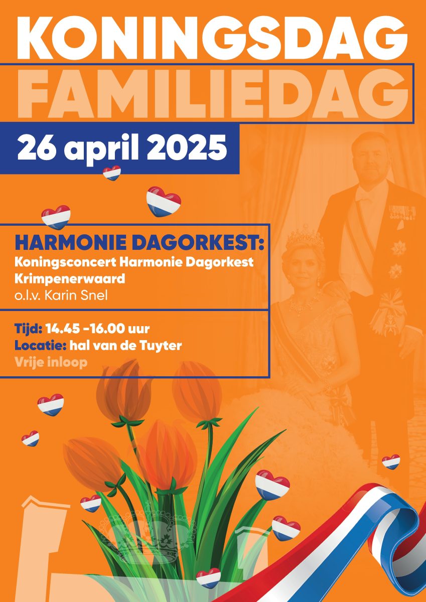 Harmonie Dagorkest Krimpenerwaard optreden Koningsdag 26 april 14.45 uur in de hal van de Tuyter